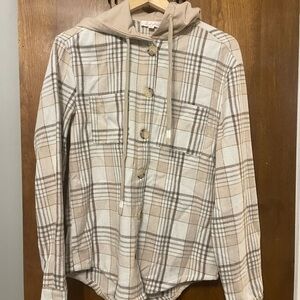 Plaid Button-Up Hoodie Shirt Jacket - Beige & Cream